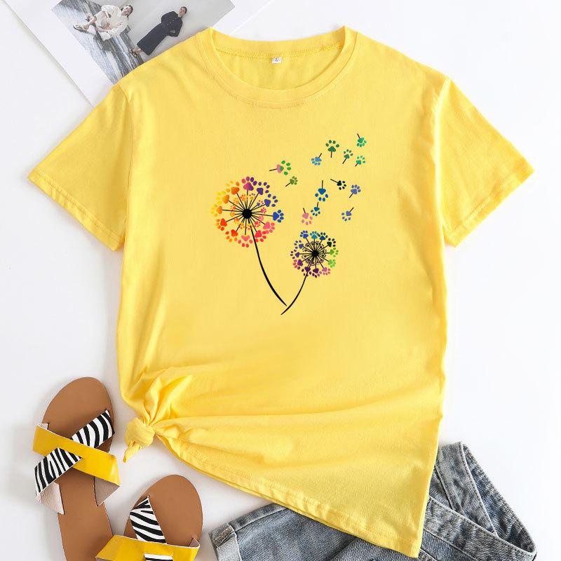 Summer Round Neck Colorful Dandelion Pattern Printed Top Fashionable Casual Short Sleeved Women's Pure Cotton T-shirts