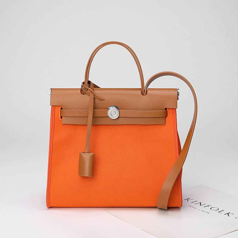 Leather Bag 2022 New Retro Fashion Canvas Kelly Bag Design Sense Contrasting Color Shoulder Messenger Bag Women's Bag