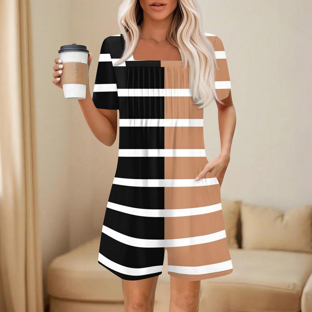 Salopetă de damă la modă și casual cu mânecă scurtă, cu buzunar plisat, salopetă scurtă imprimată