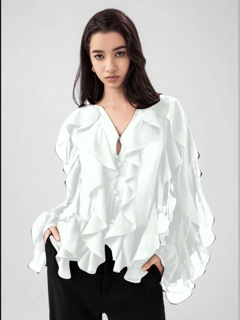 European and American V-Neck Layered Long-Sleeve Women's Spring/Summer Pullover Shirt