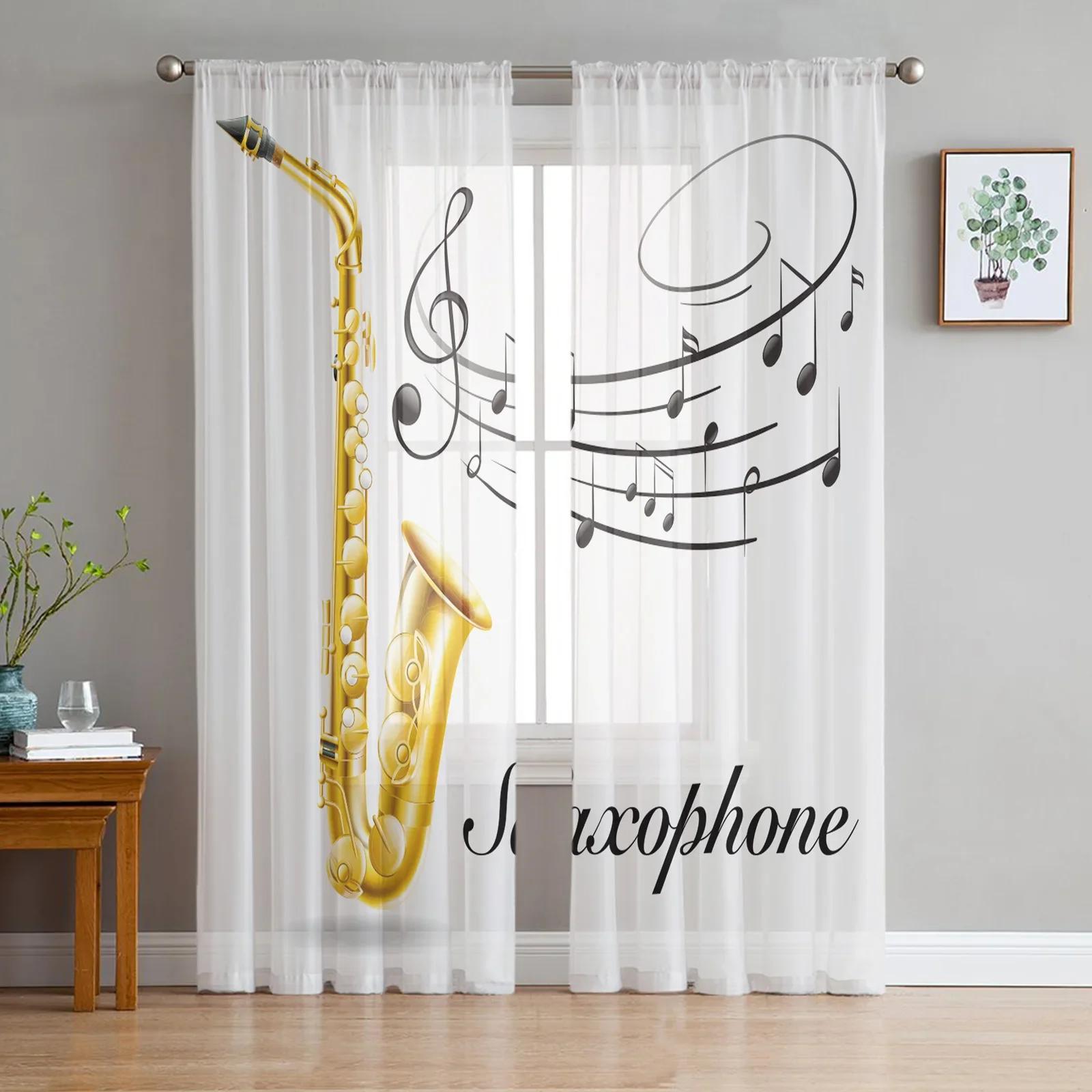 

Музыкальный символ Черно-белые художественные шифоновые прозрачные шторы для гостиной, спальни, украшения окон, вуали, тюль, занавески, драпировки W135 x H115cm x1&Grommet Top