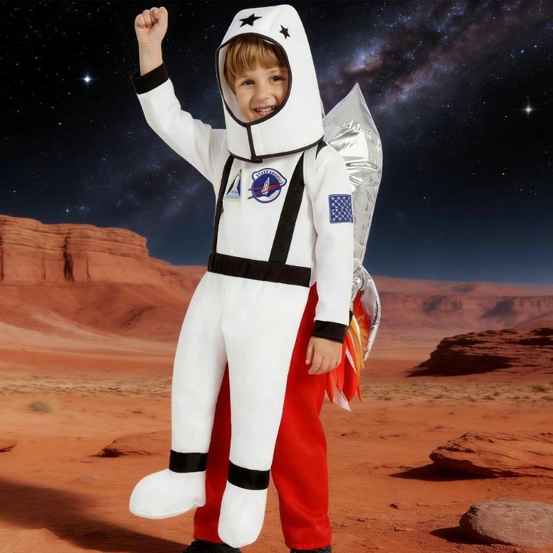 Astronaut Costume With 3D Rockets Backpack For Kids Role Play Science Theme Party And Stage Performances Soft Polyester Fabric
