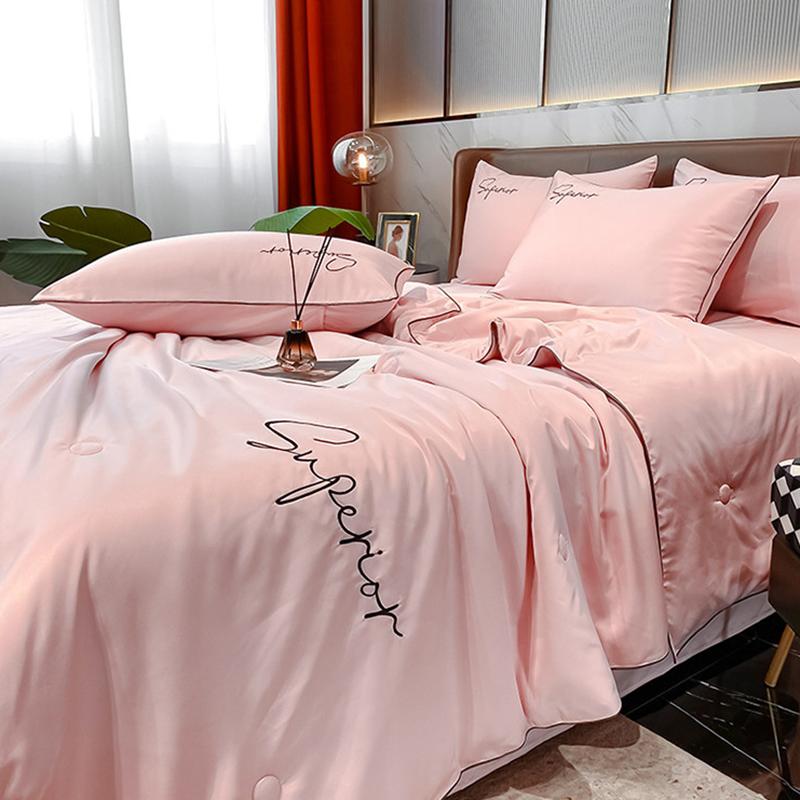 New Simple Satin Silky Summer Cooling Quilt Super Soft Breathable Blanket for Bedding Washable Embroidered Air Conditioner Duvet