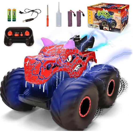 Remote Control Dinosaur Car Toys for Kid Boys, 2.4GHz RC Monster Truck Toys with Spray, Light, Sound, All Terrain Rechargeable Electric RC Car Toy,