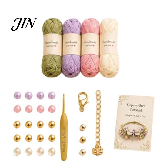 Handmade Bracelet Kit DIY Nature-Inspired Crochet Kit, 3D Animals Plants Hand-Crocheted Jewelry Making Flower Maple Dragonfly Butterfly Set, Gift for