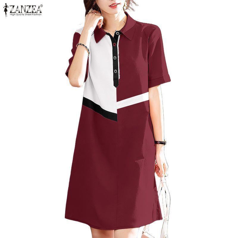ZANZEA Women Casual Turn Down Collar Short Sleeve Patchwork Dress