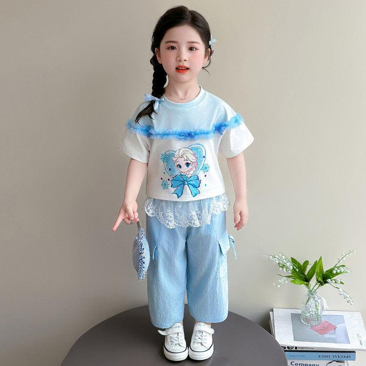 Girls  Cartoon Lace Short-Sleeve Overalls Set - Summer 2026 Sweet Style Two-Piece 110 cm
