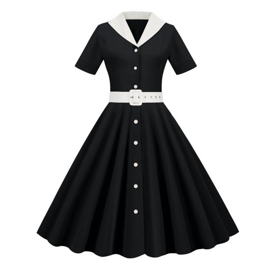 Dámské šaty, výstřih, klopa, jednořadý, s páskem, linie A, velký švih, úzký, vysoký pas, jednobarevné retro, krátký rukáv, princeznovské šaty ve stylu lady midi