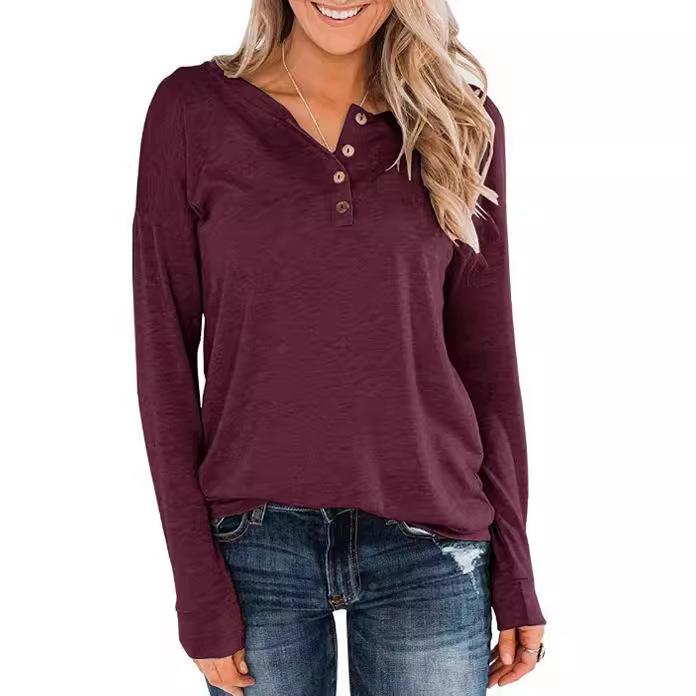 Women Solid Knit Long Sleeve Henley T Shirt Button V Neck Loose Casual Pullover Tops For Spring