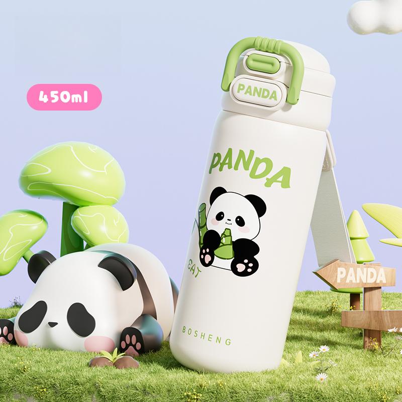 Edelstahl Thermobecher niedlicher Panda Strohhalm Wasserbecher Kinder und Studenten doppelter elastischer Deckel Tide Play Sportwasserbecher