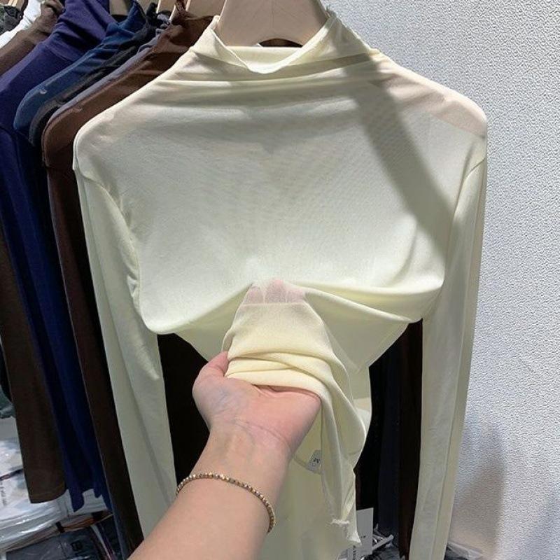 Top da Donna a Collo Alto in Pizzo a Rete con Maniche Lunghe - Bordo a Orecchio di Legno, Strato Base Trasparente per l'Inizio della Primavera