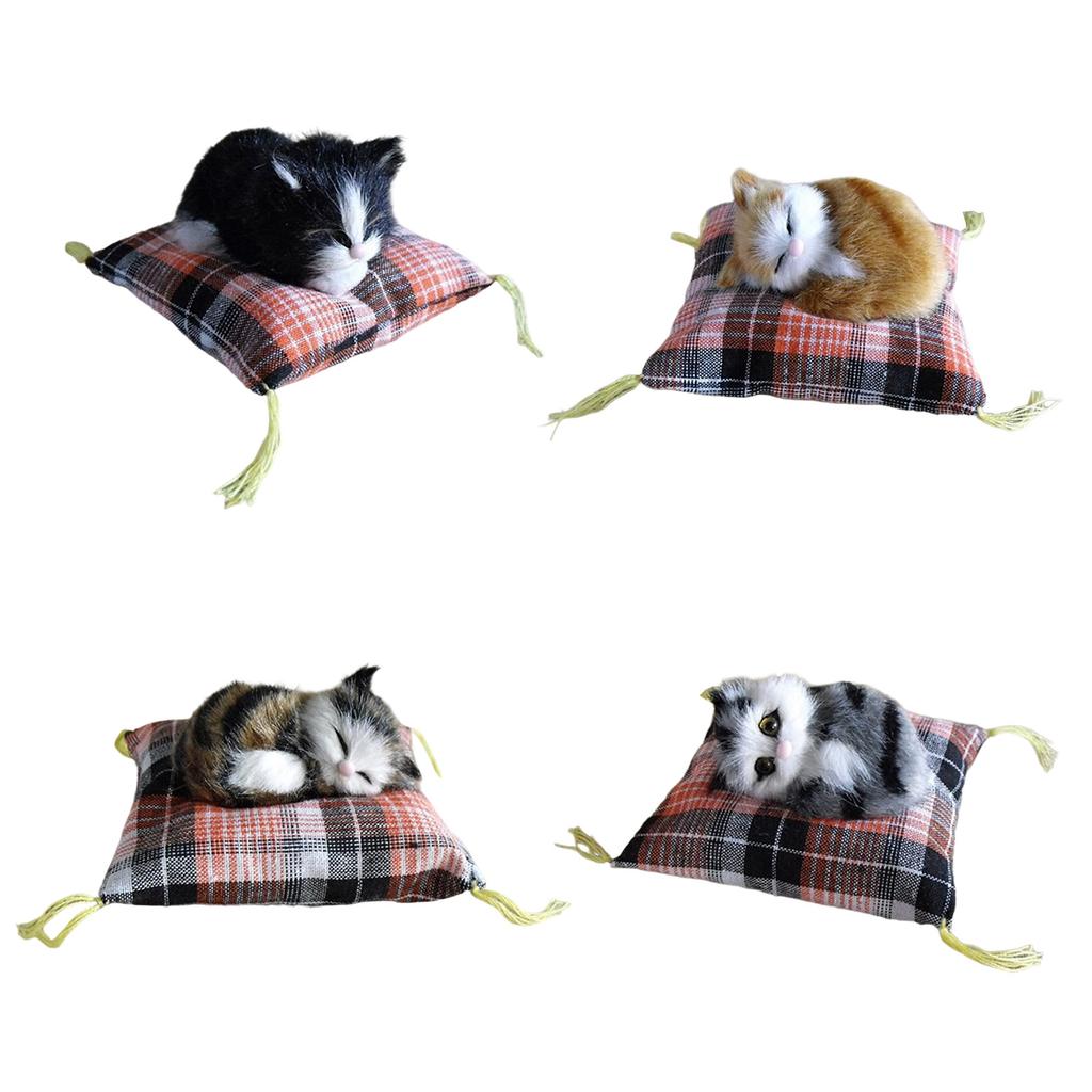 Simulation Animal Model Stuffed Sleep Cats Doll Plush Furry Kitten Ornament On Cushion Mat for Children Adult Present