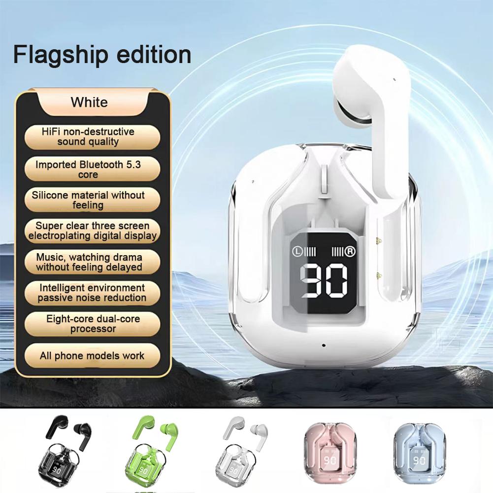Transparenter kabelloser Bluetooth-Ohrhörer mit Rauschunterdrückung, Stereo-Kopfhörer mit Digitalanzeige, Ladekoffer, wasserdichtes Gaming