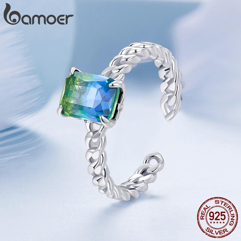 

BAMOER из стерлингового серебра 925 пробы, кольцо с открывающейся цепочкой, синий и зеленый турмалин, регулируемое кольцо для женщин, вечерние ювелирные изделия, подарок 925 silver