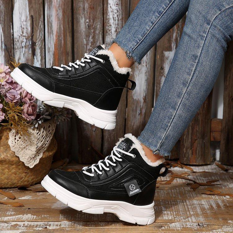Women's Lace-up Large Size Soft Sole Winter Warm Fur Snow Boots Padded Lined Ankle Boots Anti-slip Hiking Casual Sports Cotton Boots