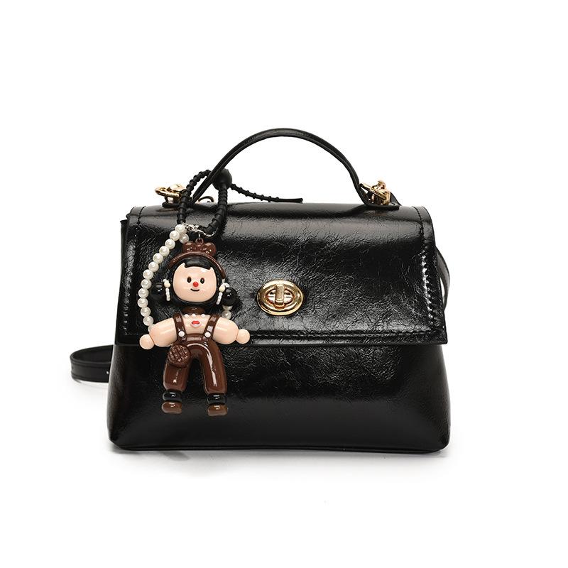 French simple high-end temperament oil wax leather portable small square bag women's commuting versatile solid color casual style messenger bag