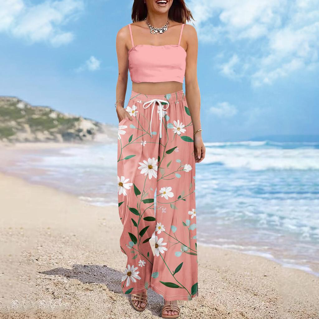 Damskie letnie spodnie boho palazzo z wysokim stanem i szerokimi nogawkami, nadruk kwiatowy, swobodne spodnie z kieszeniami