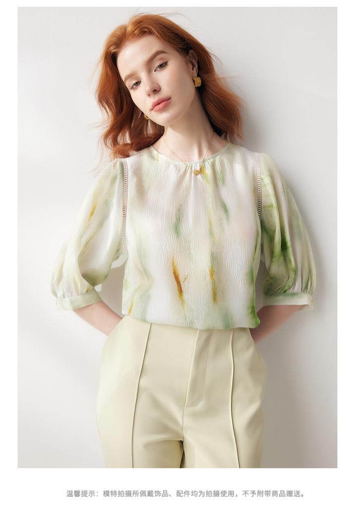 [Silk Horizontal Crepe] 26 Spring/Summer Round Neck Fresh Printed Five Sleeve Mulberry Silk T-shirt Top for Women
