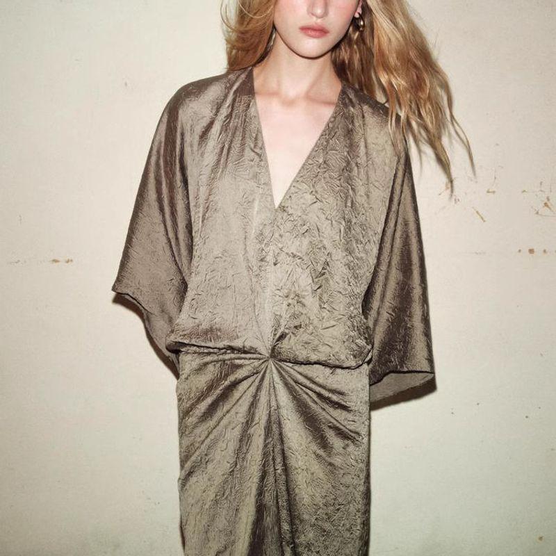 Spring New Arrival Women's Clothing Western Style Waist-Slimming Slimming V-Neckline Long Sleeves Ruched Effect Midi Skirt Dress 8227214