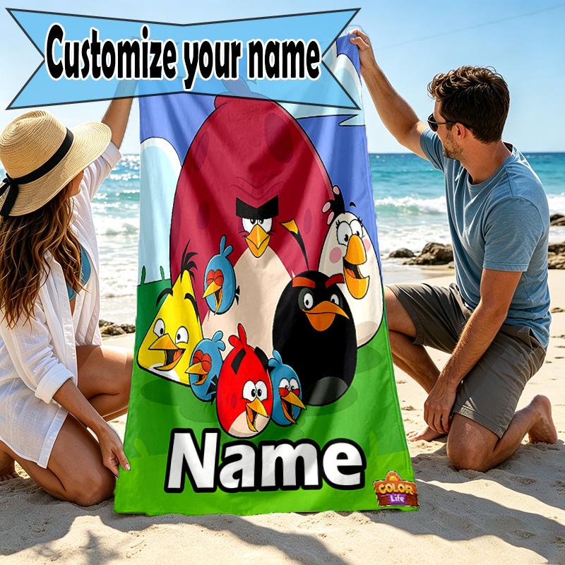 Custom Name Personalized Angry Birds Print Beach Towel, for Trip Camping Beach Party Home Decor, Birthday Gift for Family & Friends