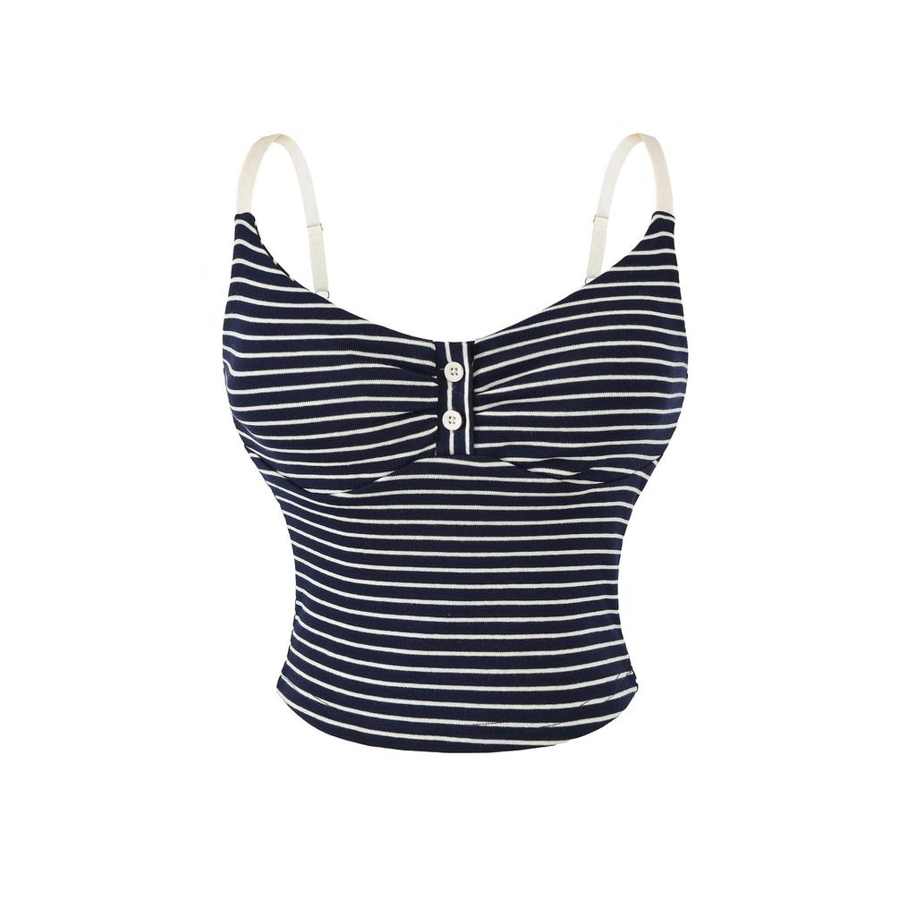 Women's Designer Slim-Fit Black Striped Camisole with Padded Bust - Chest-Enhancing Summer Knit Tank Top