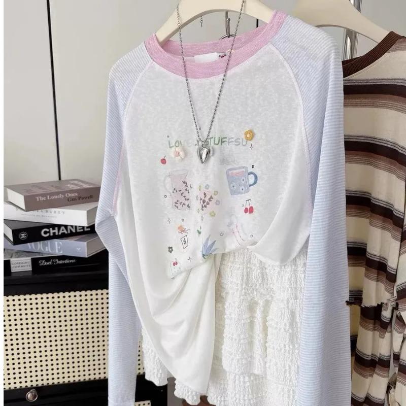Raglan Sleeve Printed Round Neck Loose Long Sleeve Sun Protection Cover-up Youth Summer T-shirt