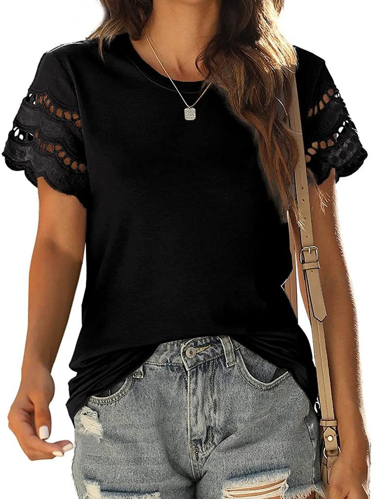 Women's Summer New Floral Lace Patchwork Short Sleeve T-Shirt Crew Neck Slim Fit Top