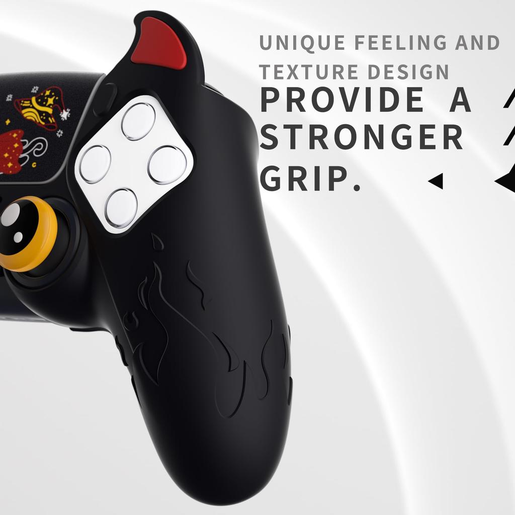 PlayVital Silicone Cover for PS5 Cute Controller Cover Skin Protector with Thumb Grip Caps Touchpad Stickers Controller, (Demon Style) & [Black]