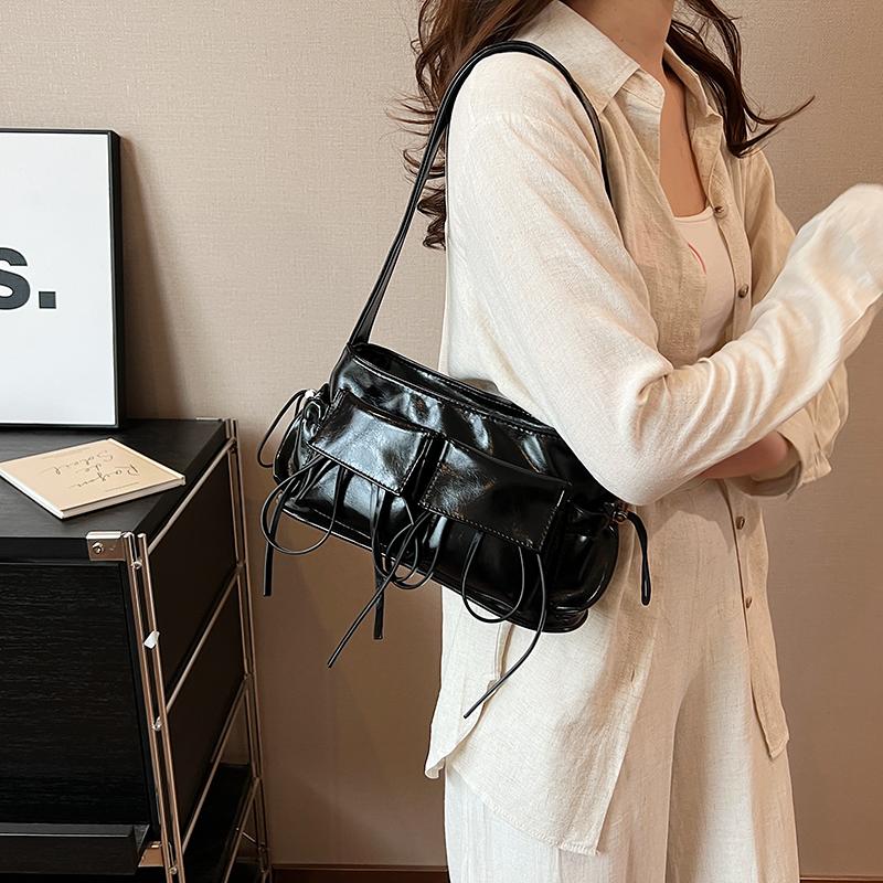 Retro Underarm Bag Double Pockets PU Leather Shopping Bag Fashion Solid Designer Armpit Bag Zipper Portable Ladies Chic Hobo Bag