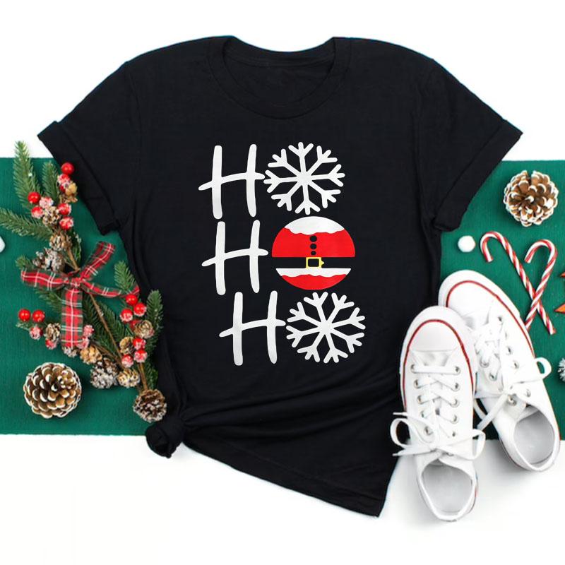 Lady Female Graphic T-Shirt Women Black T Shirt Cute Plaid Christmas Holiday Fashion Cartoon Santa Hat Print Tops Tee