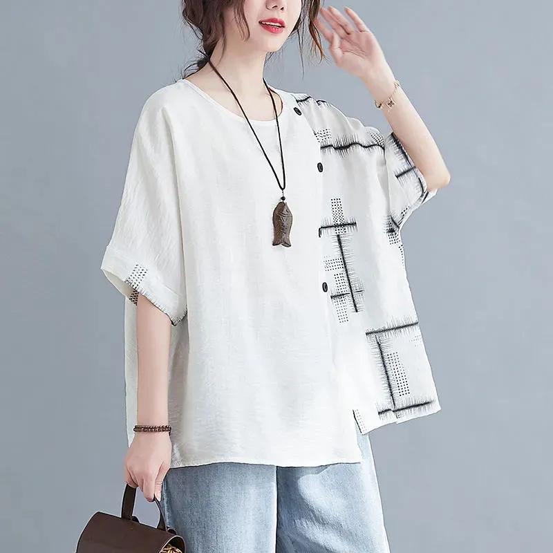 Women's Summer Design Personalized Loose Top Artistic Short Sleeved Round Neck Asymmetrical T-shirt