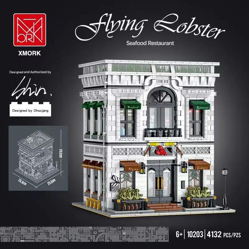 Non-Toxic 4132Pcs Seafood Restaurant Model Building Blocks Creative City Street View Moc Bricks Set With Light Desktop Ornaments Kids Toys
