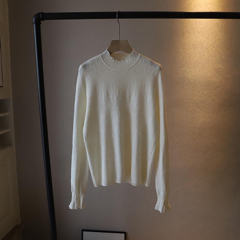 

[Bi Zheng] 2024 Зимняя женская универсальная трикотажная рубашка в корейском стиле с кружевным полувысоким воротником One Size белый