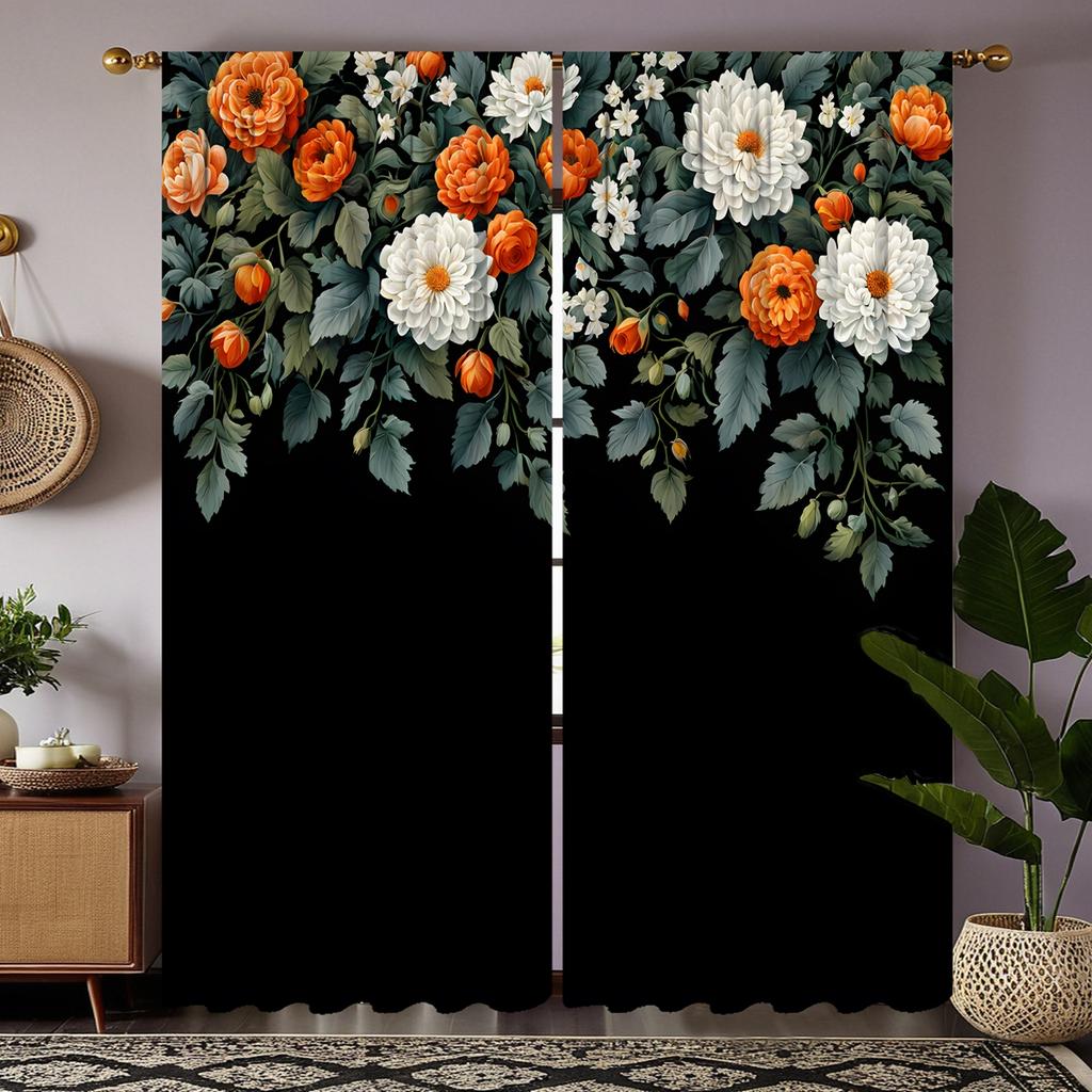 2pcs HD Flower Rich Peony Flower Open Decorative Curtain Black Tie Digital Printed Curtain Home Decoration Style Decoration L