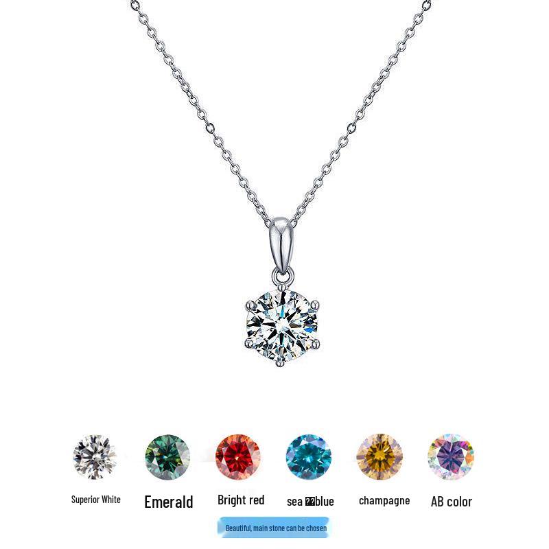 Sterling Silver 925 Moissanite Necklace: Classic Six-Prong European & American Style Women's Colored Diamond Pendant