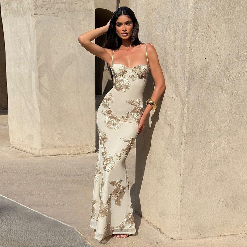 

# Sisjuly# European and American Sexy Golden Years Heavy Industry Applique Flower Beauty Back Fishtail Sling Dress Women Summer Apricot color L