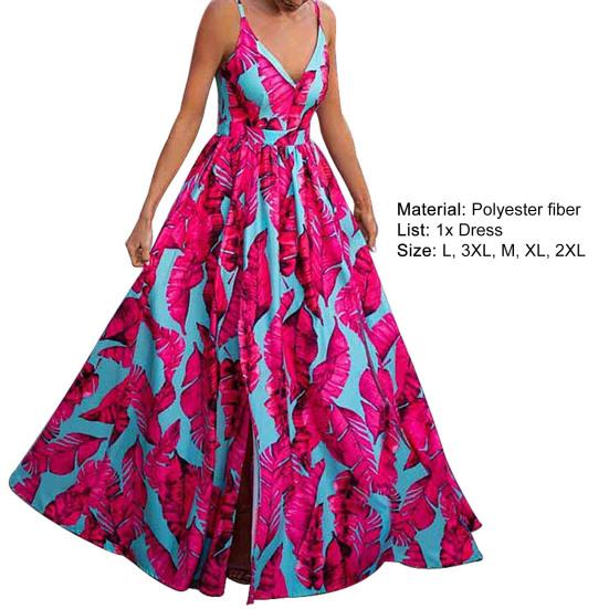 V-Neck Waist Tight Split Large Hem Maxi Dress Floral Print Sleeveless Sling Beach Holiday Dress Female Clothing