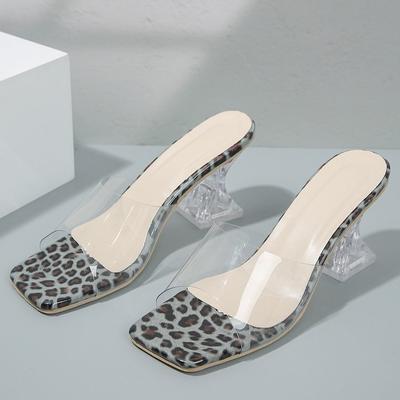 Summer New Leopard Print Temperament Outer Wear High Heels Square Head Large Size Transparent Belt Crystal and Cool Slippers Women
