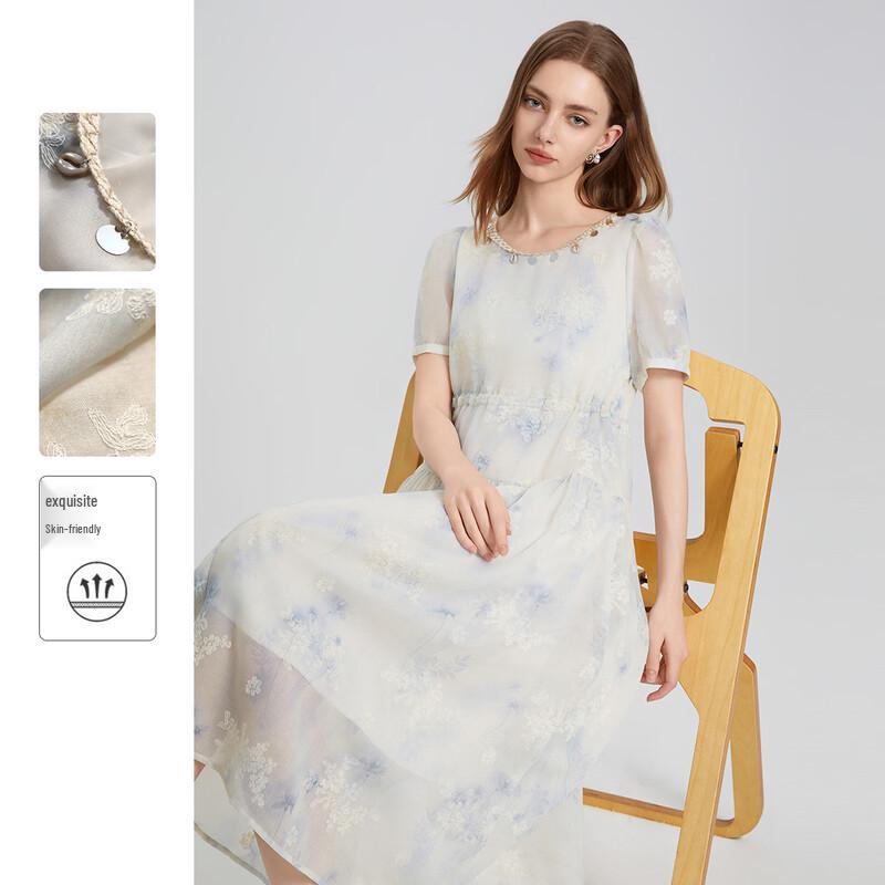 Elegant Temperament Printed Embroidered Short-Sleeve Midi Dress S