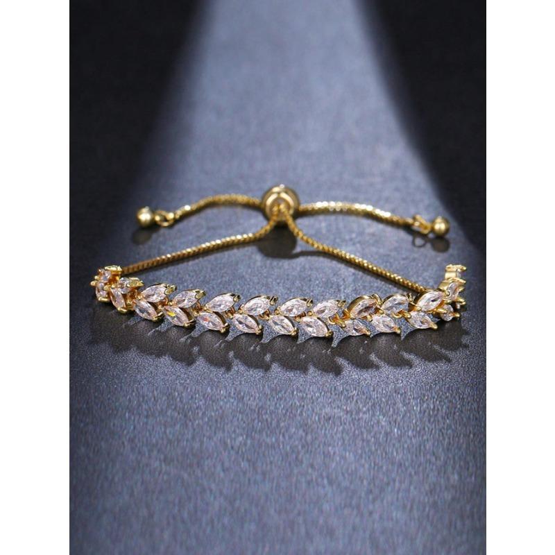 

1 шт. Модный браслет в европейском и американском стиле, регулируемый, с деталями из кубического циркония в форме листа, для женщин, элегантный, королевский one-size золотой