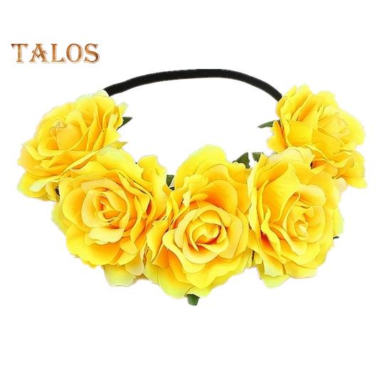 

Повязка на голову с розами, обруч для волос ручной работы с 5 искусственными розами, высокая эластичная конструкция, обруч для волос в стиле бохо, праздничный декор жёлтый