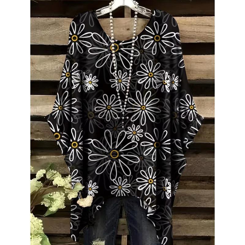 Boho Floralprint Damen T-Shirt Einfaches Vintage Unregelmäßiger Saum Rundhals T-Shirt Modische und Vielseitige Damenbekleidung