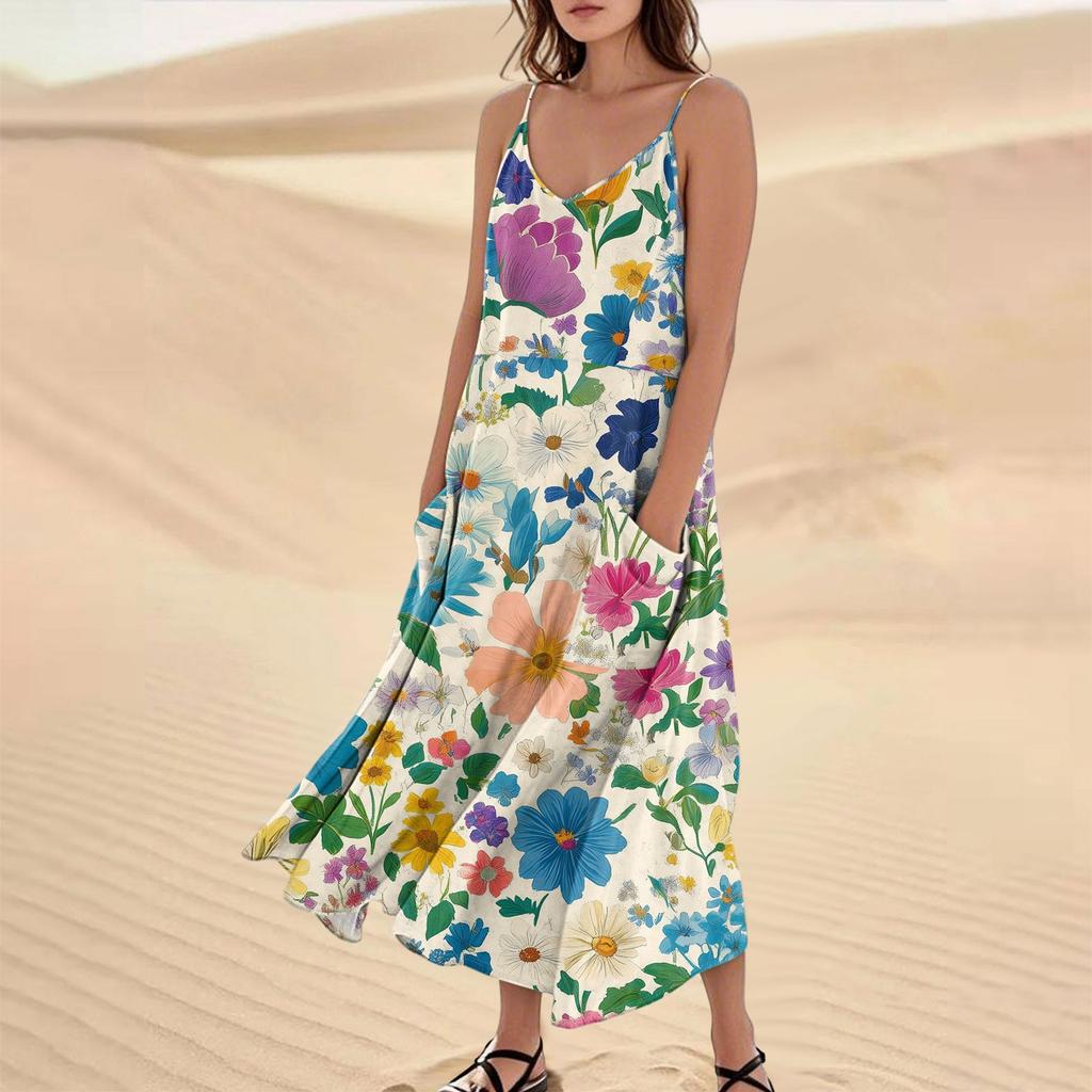 Women's Casual V Neck Floral Print Sleeveless Pocket Suspender Dress
