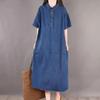Spring and Summer Korean Version of Loose Large Size Short-sleeved Pocket Mid-length Fashion Denim Dress