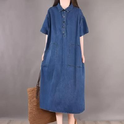 Frühling und Sommer Koreanische Version von Lockerer Übergröße Kurzarmtasche Mittellanges Mode-Denimkleid