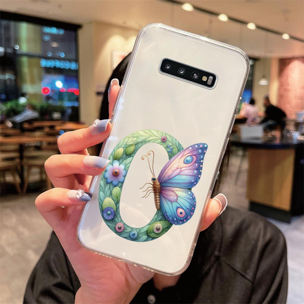 For Samsung Galaxy S10 Plus S10+ S10e Silicone Cover Transparent Clear Samsung s10 Cute Blue Butterfly Flower Letters Phone Case