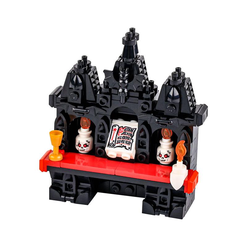 MOC Steine Mittelalter Alchemie Raum Küche Zauberer Trank Bausteine Teufelsquelle Schloss Straßenlaterne Hexen Figuren Szene Schädel