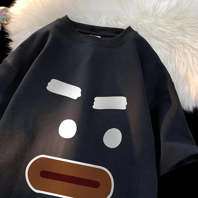 

Vintage Fun Micro Expression Print Oversize Tshirt High Street Fashion Cartoon Couple Short Sleeve Round Neck Top XL