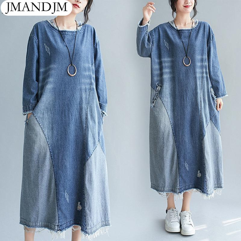 

Женское платье больших размеров, новинка 2023 года, весеннее платье, джинсовое платье с длинным рукавом, элегантное длинное платье, свободное платье, синие базовые платья