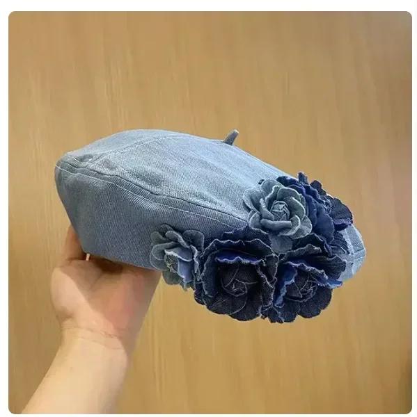 

Women s Contrast Color Denim Beret Hat, Fluffy Camellia Painter Cap, Fashion Spring Summer Casual Travel Hat,Designer Bucket Hat 56-58cm